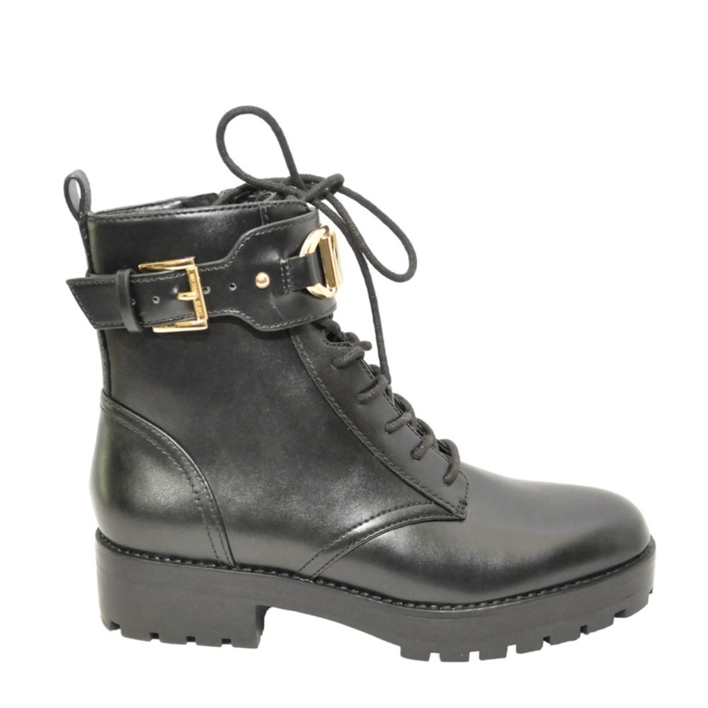 SIZE 10 Michael Kors Kincaid Leather Combat Boot Lace Up Bootie Blk/Gold - Picture 4 of 6